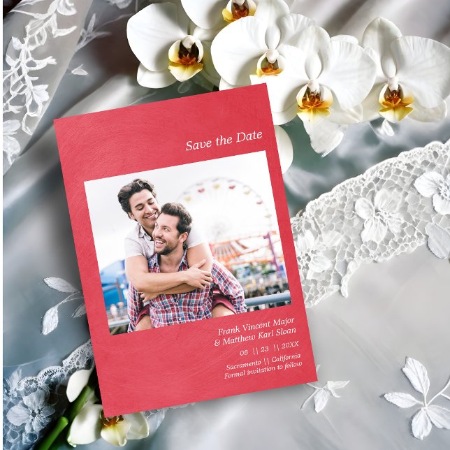 Reserve A Data Simple Metallic Effect Engaged Gay Couple Photo (Simple Wedding Announcement Custom Photo with a Metallic Effect  Save the Date Card.)