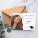 Reserve A Data Simple modern photo Graduation<br><div class="desc">A photo Save the date card for a graduation. On front: Add your own vertical size photo of the graduate. A chic white background, black text. Templates for a name and date. The name and the text: Save the Date are written with a modern hand lettered style script. With a...</div>