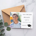 Reserve A Data Simple modern photo guy Graduation<br><div class="desc">A photo Save the date card for a graduation. On front: Add your own vertical size photo of the graduate. A chic white background, black text. Templates for a name and date. The name is written with a modern hand lettered style script. With a cap, tassel topper. Back: party details....</div>