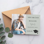 Reserve A Data Simple modern photo sage green guy Graduation<br><div class="desc">A photo Save the date card for a graduation. On front: Add your own vertical size photo of the graduate. A trendy muted sage green colored background, black text. Templates for a name and date. The name is written with a modern hand lettered style script. With a cap, tassel topper....</div>