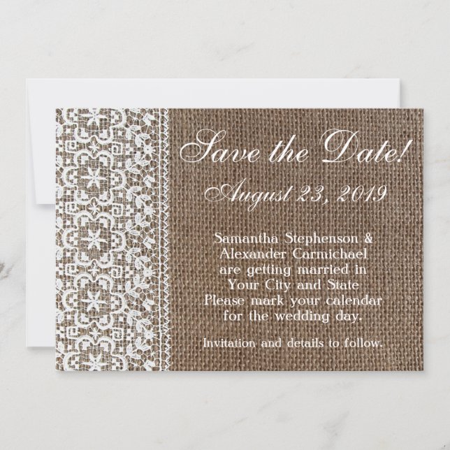 Reserve A Data Simple Save the Date em burlap e renda (Frente)