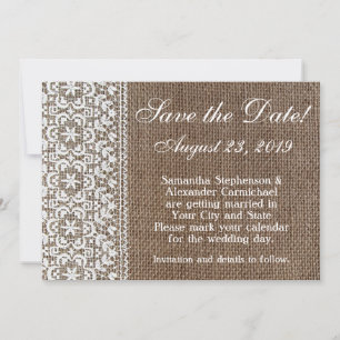 Reserve A Data Simple Save the Date em burlap e renda