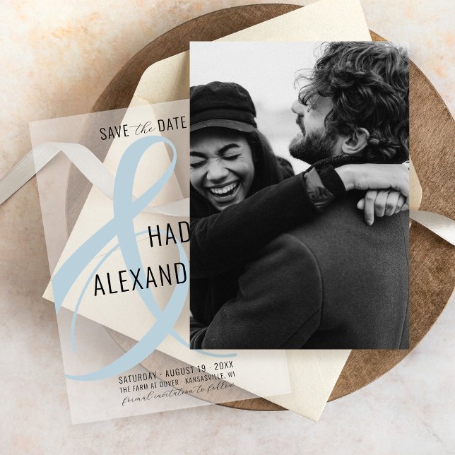 Reserve A Data Simples casamento de fotos AZUL DUSTY (Simple photo underlay card for modern dusty blue bold ampersand vellum overlay wedding save the date)