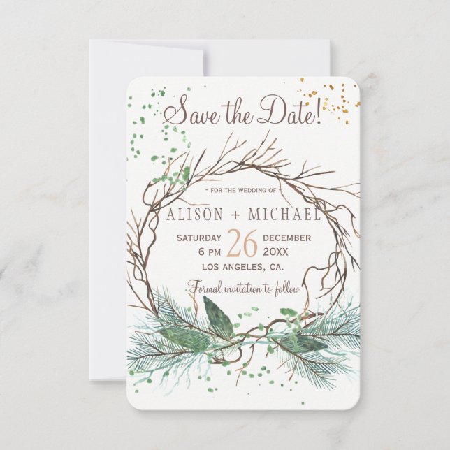 Reserve A Data Simples chic rustic Winter wreath save date (Frente)