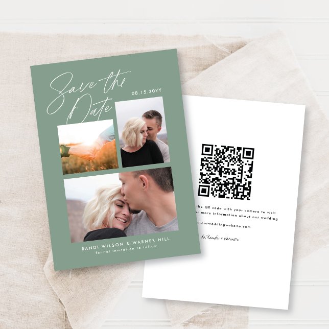 Reserve A Data Simples e Elegante Verde Três Fotos Manuscritas (Criador carregado)