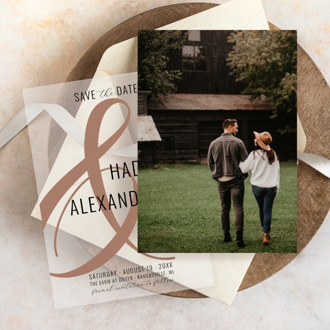 Reserve A Data Simples e Moderno Casamento de Foto Sublay do MOCH (Simple photo underlay card for modern mocha mousse ampersand vellum overlay wedding save the date)