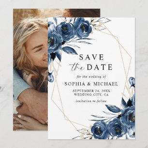 Reserve A Data Simples Elegante Azul Floral Script e Foto Casamen