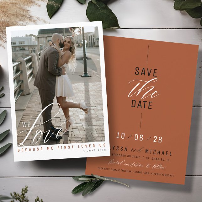 Reserve A Data Simples Elegante Terracota Foto Casamento Cristão (Love scripture elegant photo simple terracotta burnt orange modern Christian wedding save the date)
