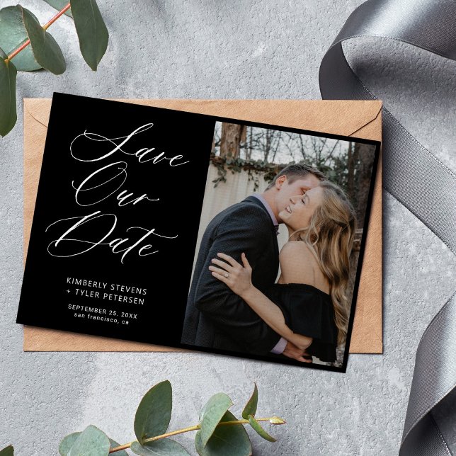 Reserve A Data Simples foto chic elegant script casamento preto (Criador carregado)
