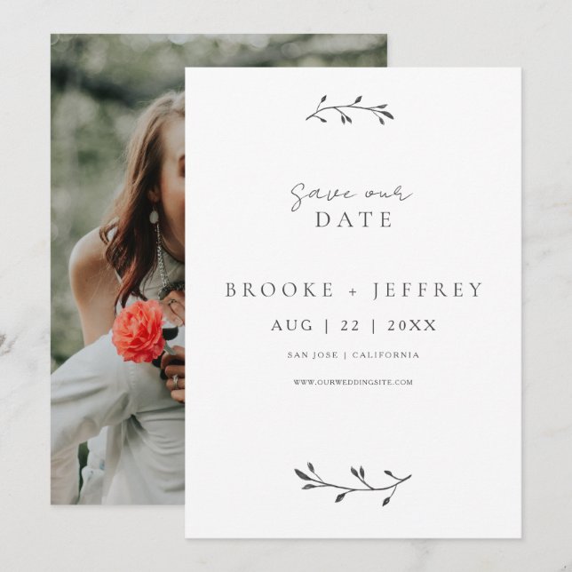 Reserve A Data Simples Foto de Casamento Botânico Moderno Minimal (Frente/Verso)