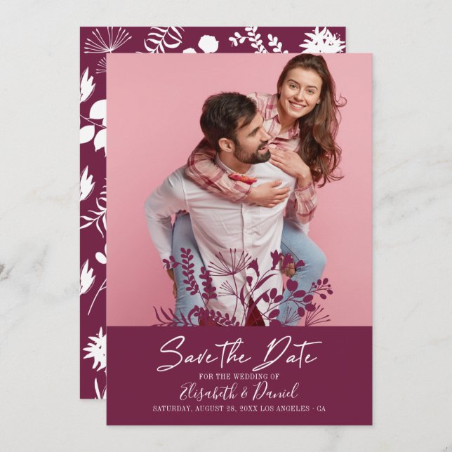 Reserve A Data Simples Foto De Casamento De Burgundy Moderna Salv (Frente/Verso)