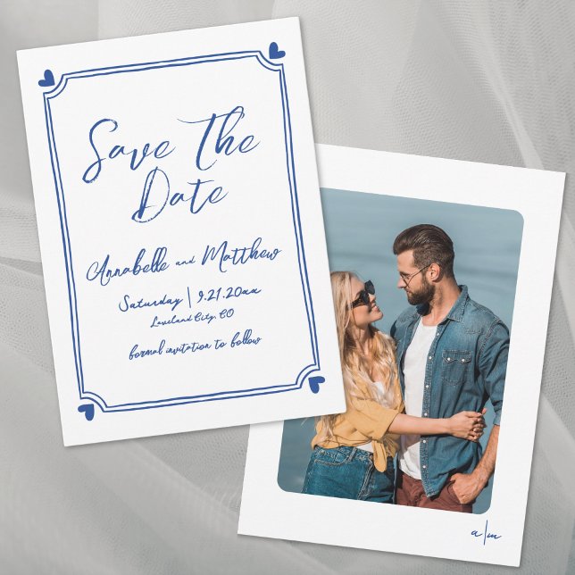 Reserve A Data Simples Foto Desenhada à Mão Azul Caprichosa Casam (Simple Hand Drawn Photo Blue Whimsical Wedding Save the Date)