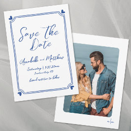 Reserve A Data Simples Foto Desenhada à Mão Azul Casamento Capric