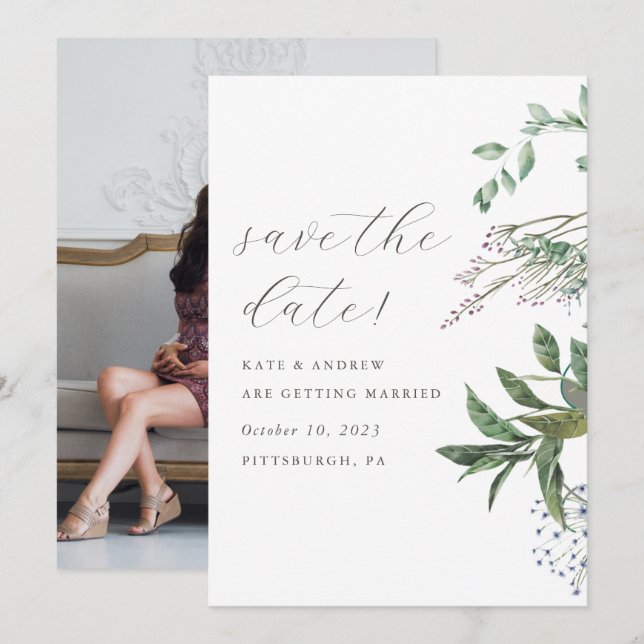 Reserve A Data Simples Greenery Meadow Wedding Foto Salvar Data (Frente/Verso)