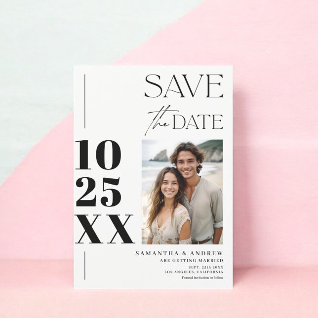 Reserve A Data Simples guião negrito preto casamento branco (Modern chic simple bold script black white wedding save the date)
