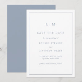 Reserve A Data Simples Monograma Azul Empoeirado Casamento Elegan