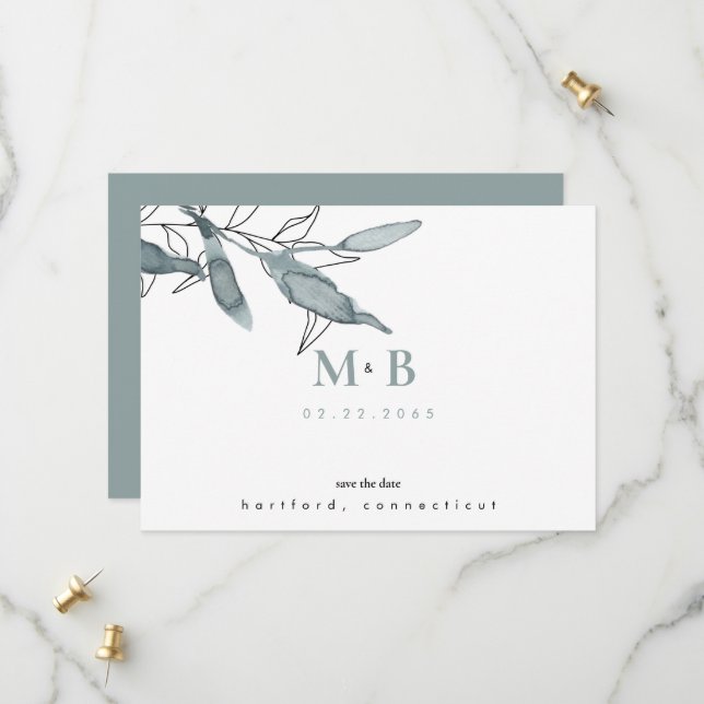 Reserve A Data Simples Monograma de Noiva Teal Save the Date Casa (Frente/Verso In Situ)