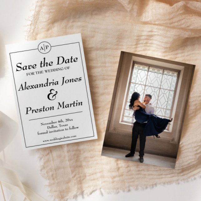 Reserve A Data Simples Monograma Foto Preta e Branca Salvar a Dat (elegant black and white formal monogram save the date with engagement photo on back)