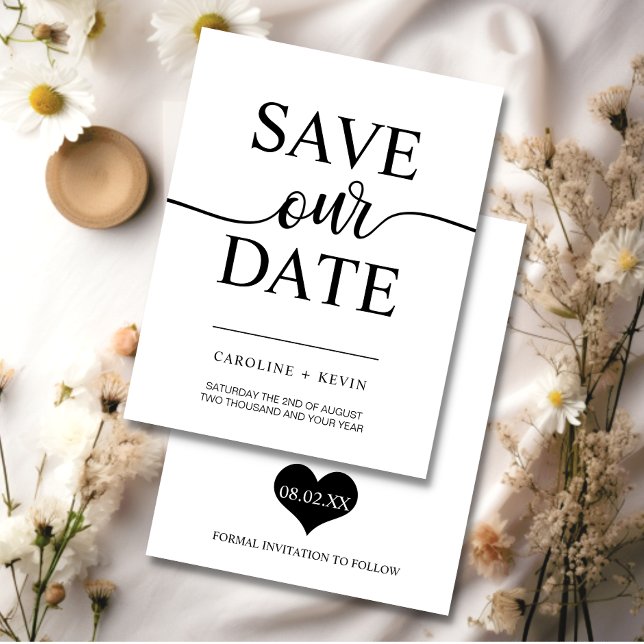 Reserve A Data Simples preto branco moderno SALVE NOSSO coração d (Simple Modern Black White SAVE OUR DATE heart Save The Date)