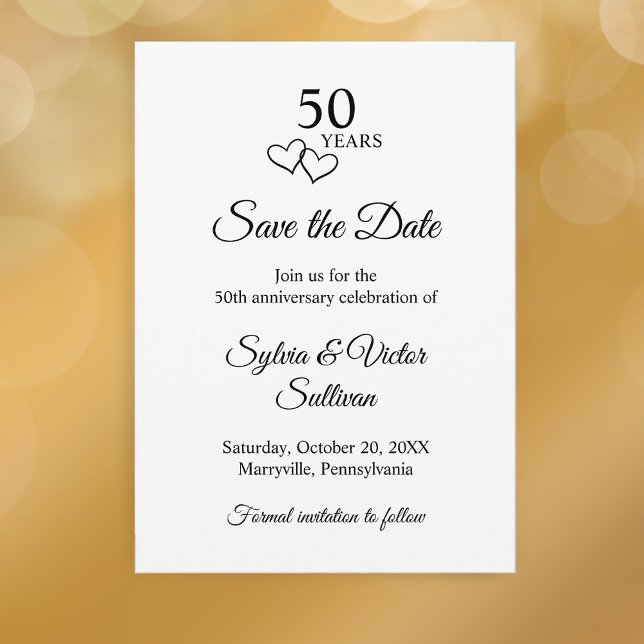 Reserve A Data Simples Preto e Branco 50º Aniversário de Casament (Black and white custom elegant script save the date 50th wedding anniversary party invitation 
)