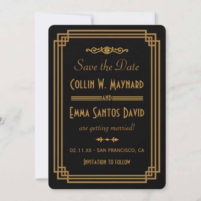 Reserve A Data Simples Save The Date Art Déco Preto (Frente)