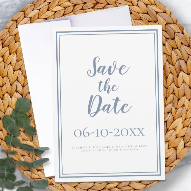 Reserve A Data Simples Script Dusty Blue Modern Casamento Minimal (Simple Script Dusty Blue Modern Minimalist Wedding Save The Date)