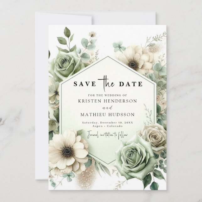 Reserve A Data Simples Typografia Única Casamento Verde Sage (Frente)