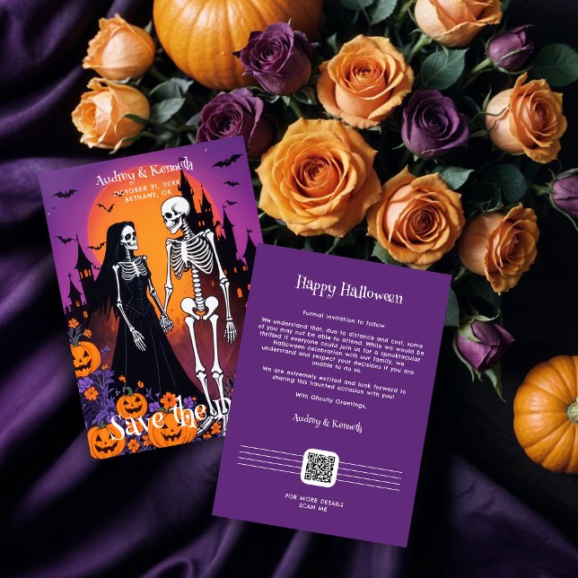 Reserve A Data Skeleton Couple in Spooky Town at Dusk Wedding (keleton Couple Holding Hands at a Halloween-Themed Save the Date Invitation in a Spooky Town at Dusk)