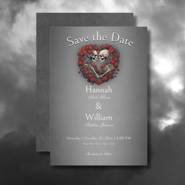Reserve A Data Skeletons Góticos Escuros e Casamento Cardíaco Ros (Gothic Dark Skeletons & Rose Heart Wedding Save the Date Card)