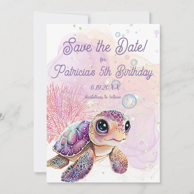 Reserve A Data Sob o Mar, Turtle 5 Birthday, (Frente)