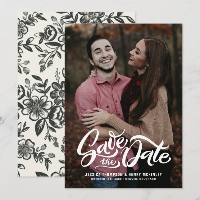 Reserve A Data Sobreposição de Foto Floral com Letra Manual Capri (Frente/Verso)