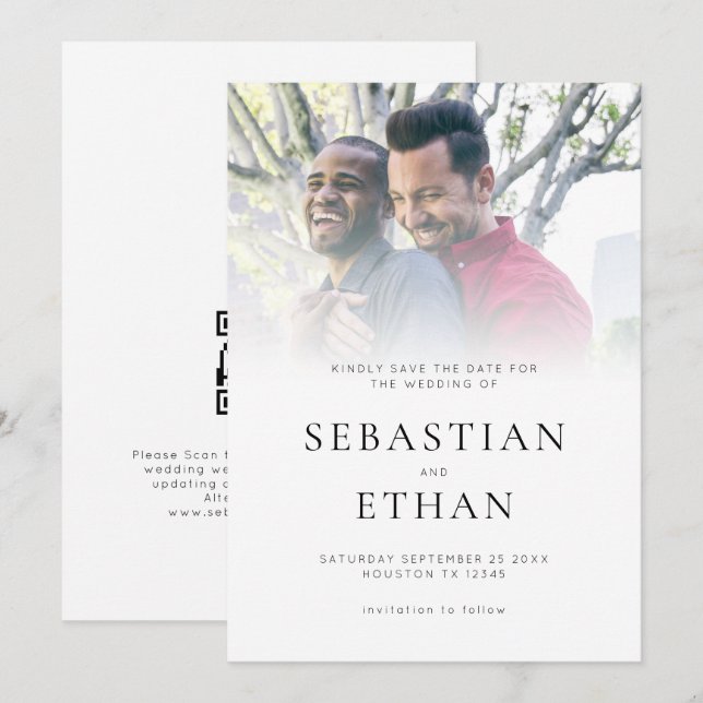 Reserve A Data Sobreposição de Foto Moderna Casamento QR Gay Salv (Frente/Verso)