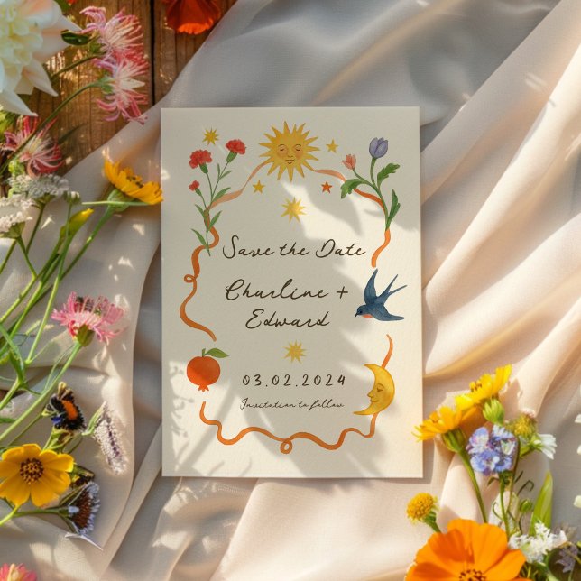 Reserve A Data Sol e Lua pintados à mão (Criador carregado)