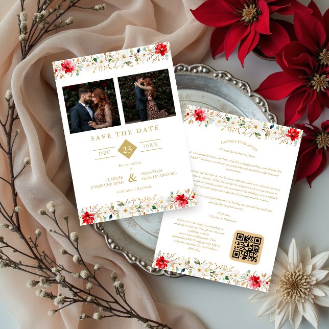 Reserve A Data Sophisticated Classic Christmas Garland Wedding (Sophisticated Classic Christmas Garland Wedding Save the Date Cards with Two Photos and Back QR Code)