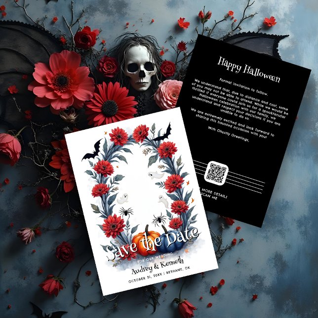 Reserve A Data Spooky Halloween Gothic Arch Wedding (Halloween Gothic Arch Wedding Save the Date Card with Pumpkins, Ghosts, Bats, Spiders and QR Code.)