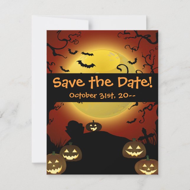 Reserve A Data Spooky Halloween Moon, Pumpkins e Bats Invitation (Frente)