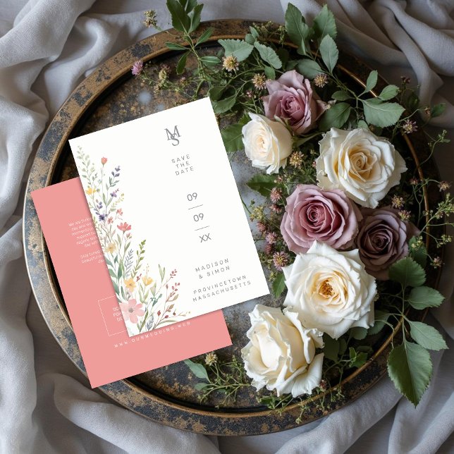 Reserve A Data Spring Sweet Wildflowers Branches Wedding Pink (Spring Sweet Wildflowers Branches Wedding Save the Date Card with Back QR Code and Peachy Pink Back.)