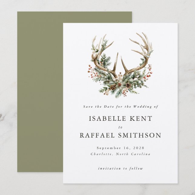 Reserve A Data Stag Antlers Rustic Winter Floral Greenery Casamen (Frente/Verso)