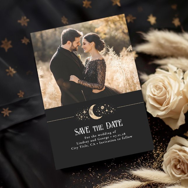 Reserve A Data Stars Moon Celestial Black Salvar a Foto da Data (Celestial Save the Date Photo Cards)