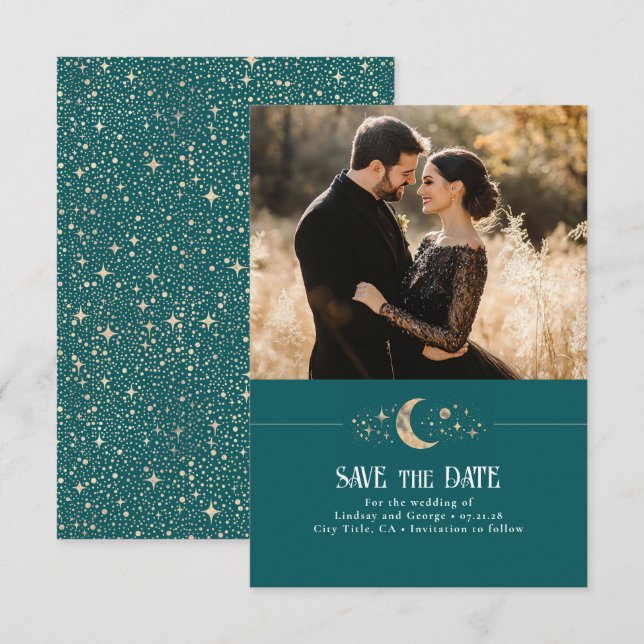 Reserve A Data Stars Moon Celestial Teal Salve a Foto da Data (Frente/Verso)