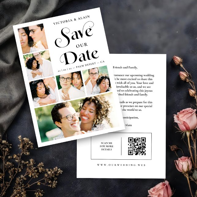 Reserve A Data Stylish Modern Minimalist 6-Photo Collage Wedding  (Stylish Modern Minimalist 6-Photo Collage Wedding Save the Date with QR Code.)