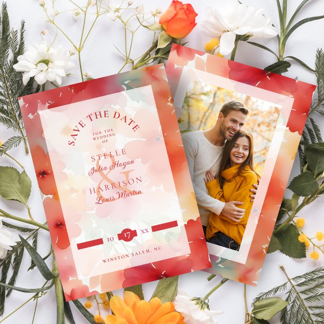 Reserve A Data Stylish Modern Orange & Red Shades Floral Wedding (Stylish Modern Orange & Red Shades Floral Design Wedding Save the Date Card with Envelope. )