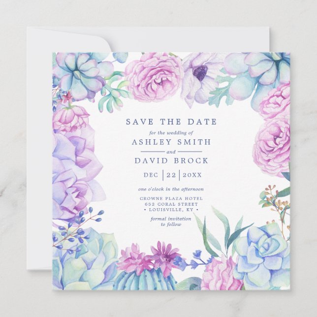 Reserve A Data Suculentas Florais Aquarela Pastel Save The Date (Frente)