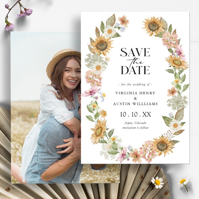 Reserve A Data Sunflower Photo Save the Date Card (Watercolor Wildflower Sunflower Wreath Floral Photo Save the Date Card
by Painted Paperie)