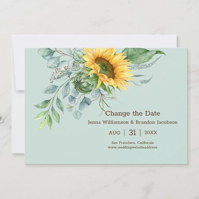 Reserve A Data Sunflower Rustic de Casamento Muda a Data Verde (Frente)