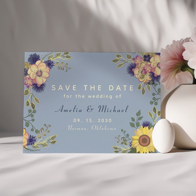 Reserve A Data Sunflower Rustic Dusty Blue Casamento Salvar Data (Criador carregado)
