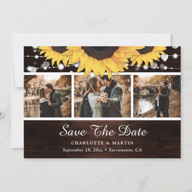 Reserve A Data Sunflower Rustic Wood Lights Foto de Casamento (Frente)