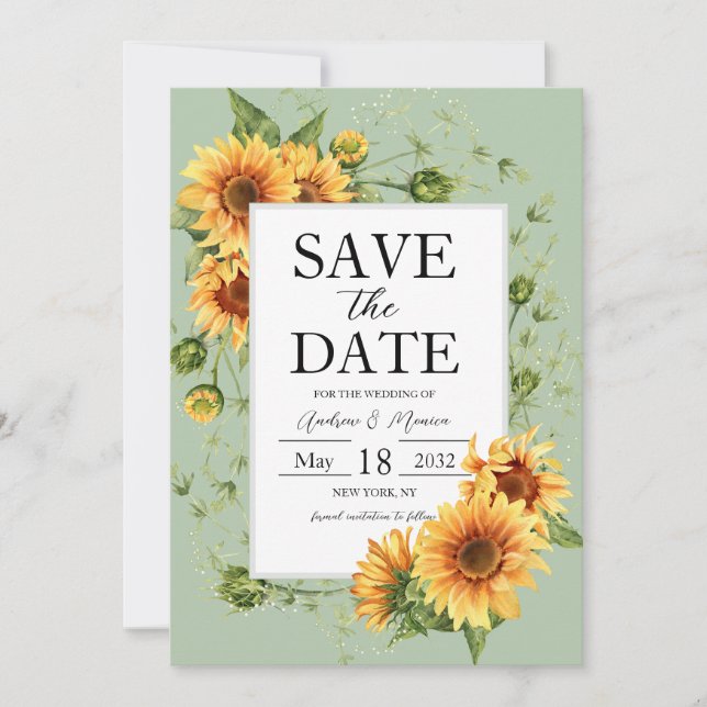 Reserve A Data Sunflower Sage Green Weding Save The Date (Frente)