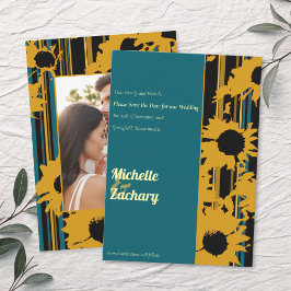 Reserve A Data Sunflower Teal Blue Gold Wedding Photo