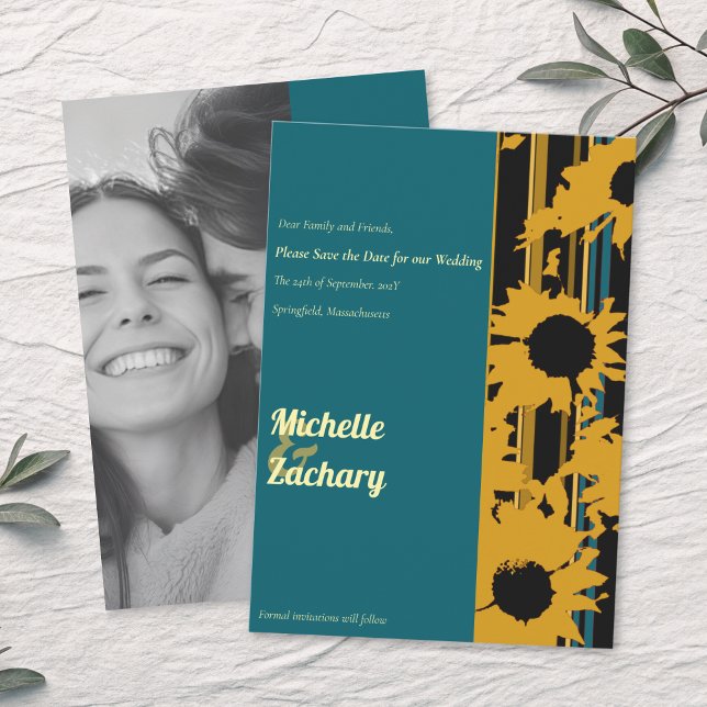 Reserve A Data Sunflower Teal Blue Gold Wedding Photo (Criador carregado)